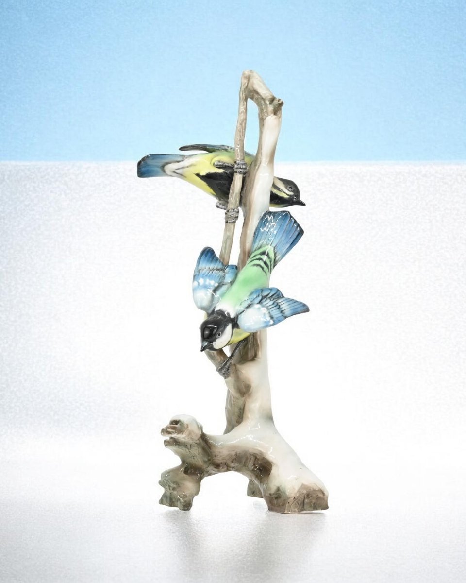 Pair Of Birds On A Branch, Polychrome Porcelain - Italy, 1940s-photo-3